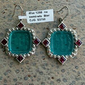 One of a kind Teal Blue Venetian Glass Earrings with Garnets